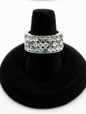 .925 Sterling Silver Blue Pave Crystal Wide Band Ring Sz 6.5